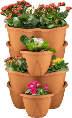 Image de Ensemble de 4 pots de fleurs empilables - Pots à herbes modulaires en plastique couleur terre cuite - 12,5 litres