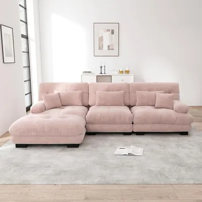 Zdjęcie produktu dla Luksusowa modułowa sofa narożna Sweiko - duża kanapa w kształcie litery L do salonu, głęboka sofa z otomaną, sztruks, szenil różowy