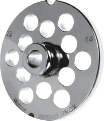 Produktbild von Fleischwolfscheibe, Lochscheibe aus Inox Stahl Gr. 22 mit Nabe und 2 Nuten mit 14,0 mm Bohrung von WOLFCUT