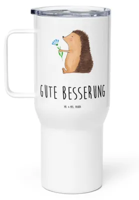 Produktbild von Mr. & Mrs. Panda Thermobecher Igel Blumen - Weiß - Geschenk, Kaffee-to-go-Becher, Isolierbecher, Lustige Sprüche, krank, Krankenhaus, Krankheit, Edelstahl Tasse, Teetasse