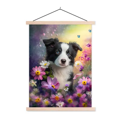 Produktbild von MuchoWow® Textilposter Hund - Blumen - Natur - Welpe - Border Collie 120x160 cm mit holzfarbenen Rahmen - Plakatkarton