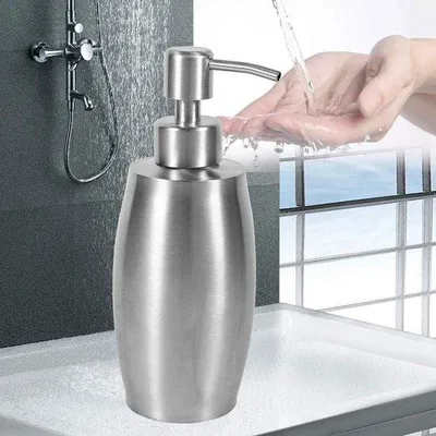 Image de Pompe à liquide en acier, distributeur de 350 ml pour la cuisine et la salle de bains - Récipient pour savon et shampoing.