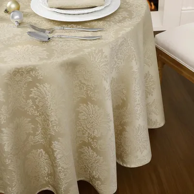 Productafbeelding van Ronde tafelkleed, 180 cm, beige, jacquard, afwasbaar, vintage, barokstijl, geschikt voor buiten