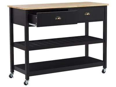 Zdjęcie produktu dla BELIANI Wózek kuchenny czarny z drewnianym blatem 120 x 48 x 91 cm szafka na kółkach z 2 szufladami