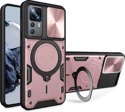 Produktbild von Handyhülle für Xiaomi 12T /12T Pro /Redmi K50 Ultra Dual-Layer Stoßfest Rüstung Hülle mit Dia Kameraschutz und Kreisförmig Ring Ständer Roségold