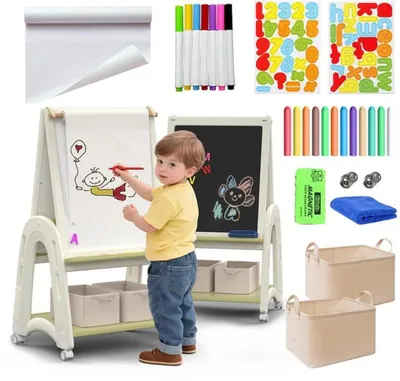 Produktbild von Azomor® Doppelseitige Kinderstaffelei mit Magnettafel, Kreidetafel und Papierrolle für kreatives Spielen