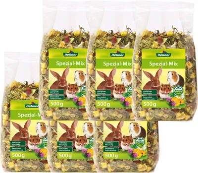 Produktbild von Dehner Nagersnack, Spezial-Mix rohfaserreich, für Zwergkaninchen / Nager, Kräuter / Gemüse, 6 x 500 g (3 kg)