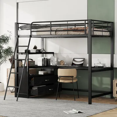 Produktbild von STILVORA Hochbett 90×200 mit Schubladen&Regal,Jugendbett Kinderbett mit Schreibtisch,Bettgestell Eisenbett mit Matratze,Schwarz