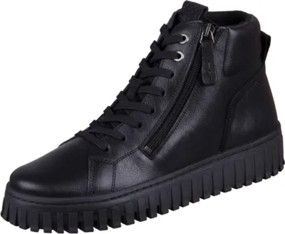 A black leather high-top sneaker with laces and a side zipper, shown against a white background.
