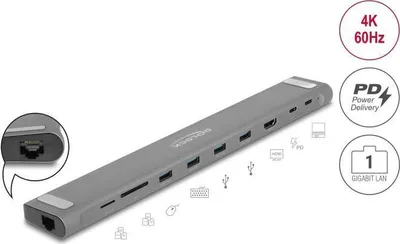 Produktbild von DeLOCK USB Type-C Slim Dockingstation 4K - HDMI / USB 3.2 Gen 1 / LAN / SD / PD 3.0, Kabelgebunden, USB 3.2 Gen 1 (3.1 Gen 1) Type-C, 85 W, 10,100,1000 Mbit/s, Schwarz, Grau, MMC, MicroSD (TransFlash), MicroSDHC, MicroSDXC, SD, SDHC, SDXC