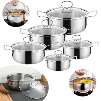 Produktbild von Topfset 5-Teilig, Topfset aus Edelstahl mit Glasdeckel, für alle Herdarten, unbeschichtet, Induktion Topf Kochtopf Set