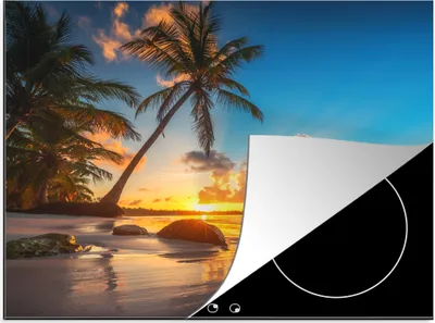 Produktbild von KitchenYeah© Herdabdeckplatte Strand - Meer - Palme - Sonnenuntergang , 59x52cm, Küche Deko, Glaskeramikkochfeld Herdabdeckung, Abdeckplatte fùr Kochfeld