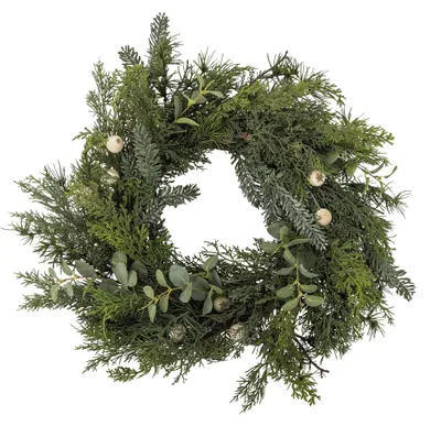 Zdjęcie produktu dla BLOOMINGVILLE | Wieniec z gałązek sosny, zielony, sztuczne kwiaty | Średnica 65 cm, wysokość 14 cm | 82072981