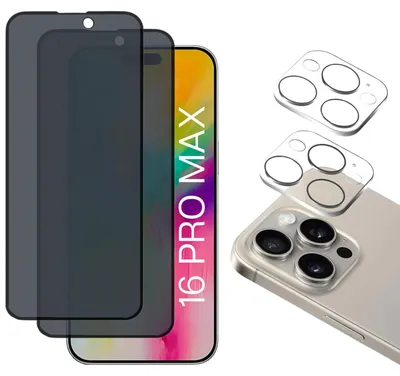 Produktbild von Schwarzes Anti-Spionage-Glas für iPhone 16 PRO MAX und Kameraschutz [2er-Pack] Displayschutzfolie  Phonillico®
