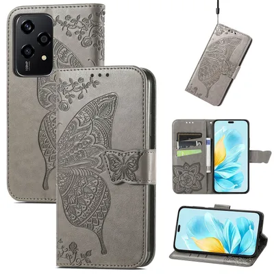 Produktbild von Für Honor 200 Lite Kunstleder Wallet Handy Tasche Schmetterling Design Hülle Etuis Grau