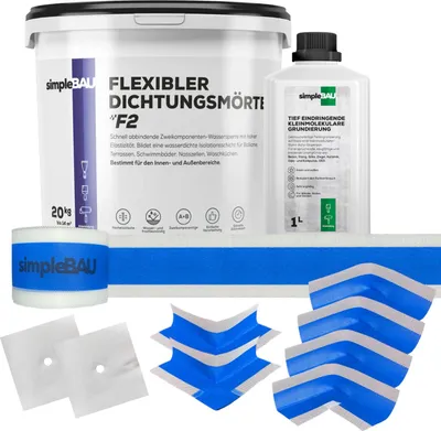 Produktbild von SimpleBau , Flexibler und Wasserdicht Dichtungsmasse F2 20kg, Tief Eindringende, Kleinmolekulare Grundierung 1L, 10m Dichtband