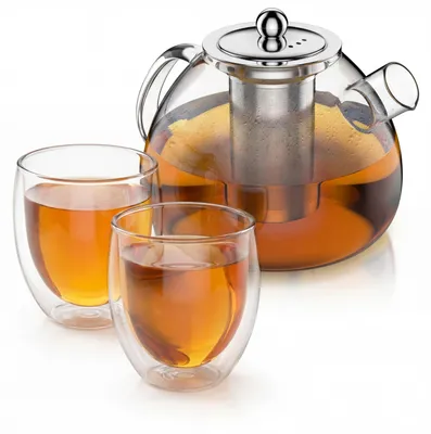 Produktbild von Arendo Teekanne Glas 1,5 l, Edelstahlsieb und 2 Thermogläsern 350 ml, doppelwandige Gläser ohne Henkel, aus Borosilikatglas, Glaskanne, 4 Teile, transparent-silber