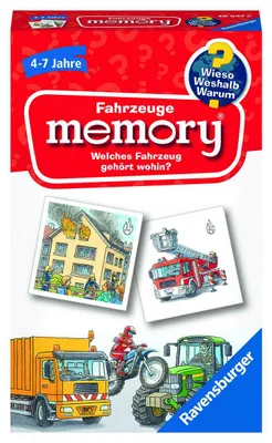 The image shows the box of a Ravensburger memory game about vehicles.