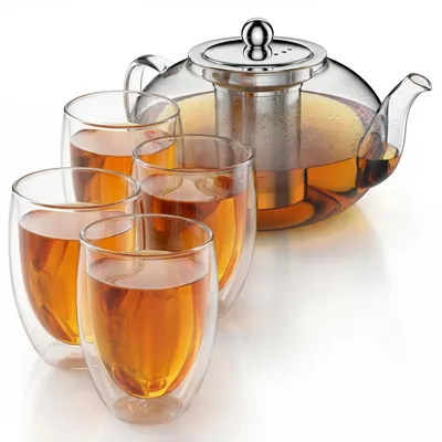Produktbild von Arendo Teekanne 1,2 l in runder Form, Edelstahlsieb und 4 Thermogläsern 450 ml, doppelwandige Gläser ohne Henkel, Glaskanne, 6 Teile, transparent und silberfarben
