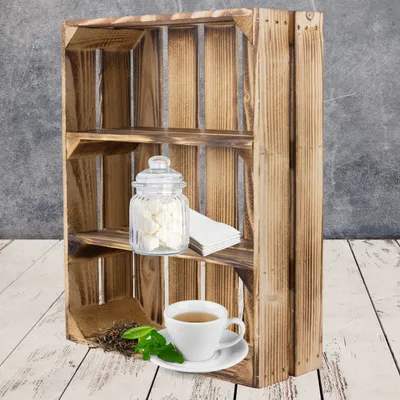 Produktbild von 3er Set geflammte/gebrannte Kiste flach mit 3 Fächern 50cm x 40cm x 16cm,Gewürzregal Weinkiste Regal Obstkiste Holzregal Kiste