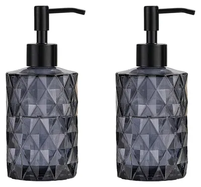 Image de Lot de 2 distributeurs de savon en verre de 340 ml, noirs, avec pompe en acier inoxydable, pour cuisine et salle de bain