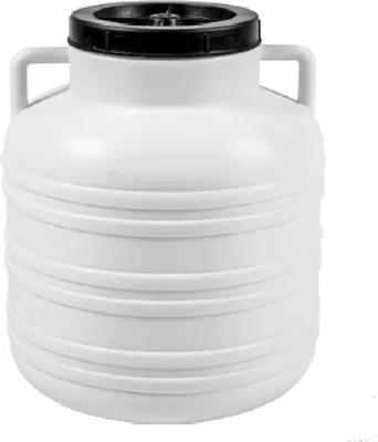 A white fermentation bucket with a black lid and handles, shown against a white background.