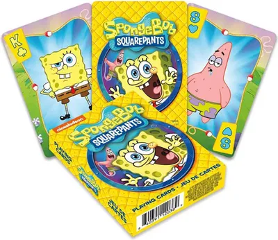 A set of SpongeBob SquarePants playing cards, including the box and several cards, are displayed.
