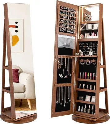 Imagen del producto de Espejo de cuerpo entero con armario para joyas, armario con espejo giratorio 360°, con iluminación LED de 3 colores, y caja para guardar joyas con cierre (color marrón)