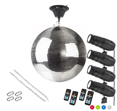 Produktbild von Spiegelkugel Komplettset 50cm mit Motor, 4 x 9W LED Pinspot (RGB) und Montagematerial PROFI