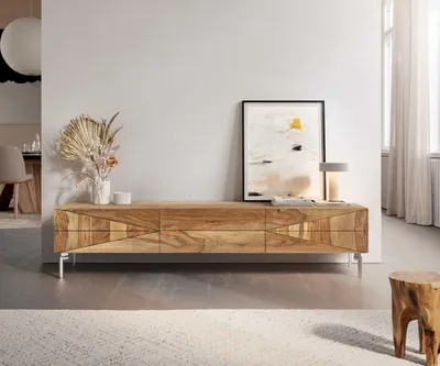 Produktbild von DELIFE Lowboard Wyatt 175 cm Sheesham Natur 2 Türen 1 Klappe Fuß Oval Edelstahl