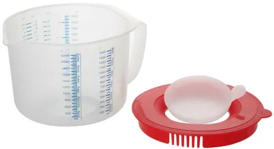 Produktbild von Dr. Oetker Mess- und Rührbecher 2,2 L, Messbecher mit unterschiedlichen Messskalen, Rührbecher mit Spritzschutz, Becher aus hochwertigem Kunsstoff (Farbe: Rot/Transparent)