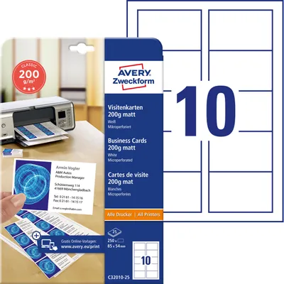 Produktbild von Avery Zweckform C32010-25, Classic Visitenkarten, 85 x 54 mm, beidseitig beschichtet, 250 Karten / 25 Bögen