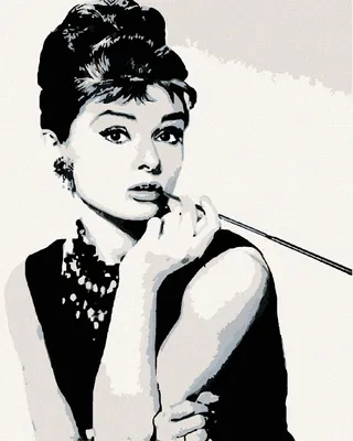 A stylized portrait of Audrey Hepburn holding a cigarette holder.