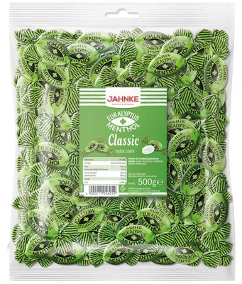 Produktbild von Open Food Jahnke Classic Eukalyptus + Menthol extra stark 500g Einzeln gewickelte extrastarke Eukalyptus-Menthol-Hartkaramellen (ca. 95 Stück) - 500g, 500 g, D, 393 kcal, 69,4 g, 0,5 g, 97,6 g