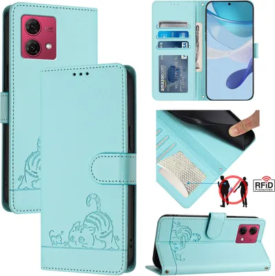 Produktbild von Leder Hülle für Motorola Moto G84 Süße Katze Flip Case Brieftasche Schutzhülle mit Standfunktion hellgrün