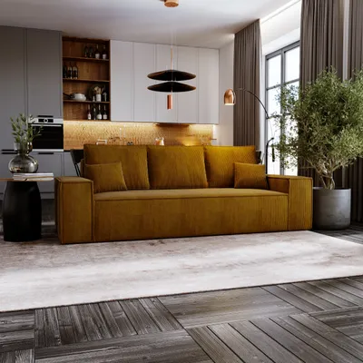 Produktbild von Schalfsofa MOSEN 256 cm mit Bettkasten und Schlaffunktion - Poso 01 / Senffarbe