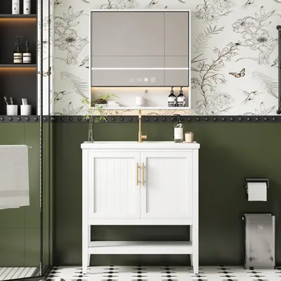 Obrázek produktu pro Umývadlová skříňka s podstavnou skříňkou, šířka 80 cm, bílá, vyrobená z MDF s lakovaným povrchem, s keramickým umyvadlem a otevřenou policí, určená do koupelny