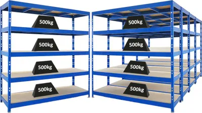 Produktbild von Mega Deal | 5x Profi Schwerlastregal Rhino | HxBxT 200x200x60cm | 5 Spanplatten-Ebenen 8mm | Fachlast 500kg | Blau