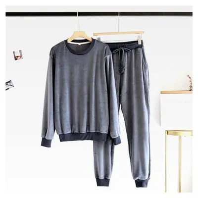 Produktbild von Jogginganzug Herren Stretch Einfarbig Zweiteilige Outfits Fleece Gefüttert Schlafanzug Weiches Leichtes Kuschelanzug Rundhalspullover Und Jogginghose Warm Homewear