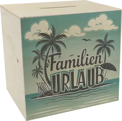 Produktbild von Familien Urlaub Spardose aus Holz mit Strandmotiv