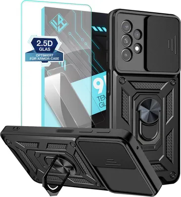 A black phone case with a screen protector and a ring holder is displayed, along with marketing text and graphics.