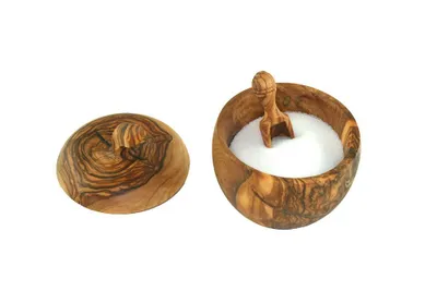 Produktbild von Salzdose mit Griff (wie Apfel) plus Schippchen aus Olivenholz 7 cm