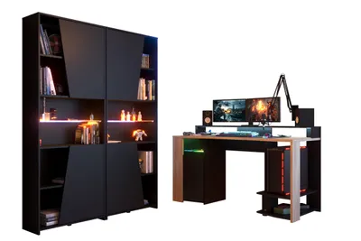 Produktbild von Gaming-Möbel Meta mit zwei Regalschränken in Schwarz und Holzton Chene Kronberg mit Beleuchtung