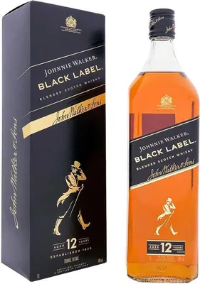 A bottle of Johnnie Walker Black Label 12 Years Scotch Whisky and its box are displayed against a white background.