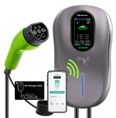 Produktbild von Qoltec 52430 2-in-1-Ladestation für Elektrofahrzeuge Typ 2 | 22 kW | WLAN | LCD | RFID | 3-phasig | Wandanschlussdose | 5 m