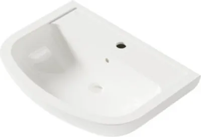 A white corner sink with a faucet hole and drain hole.