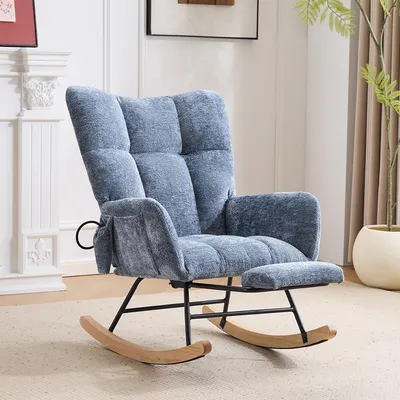 Produktbild von Schaukelstuhl fürs Kinderzimmer mit Airbag, bequemer Schaukel-Lesesessel für drinnen, Wohnzimmer, Schlafzimmer, Büro (Chenille, Blau)