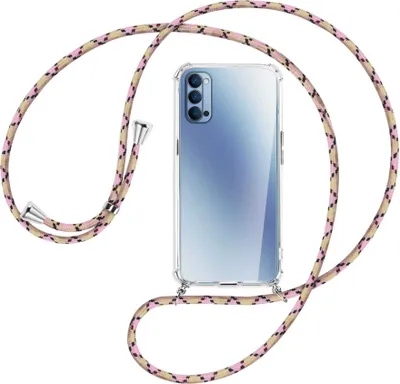 Produktbild von Handykette Backcover-Schutzhülle mit Band (Metall silberfarben) für Oppo Reno4 5G - rosa Karo