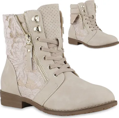 A pair of beige lace-up ankle boots with side zippers and lace detailing.