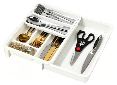 Ausziehbarer Besteckkasten-Organizer, Kunststoff, 23,5–40 cm, Weiß